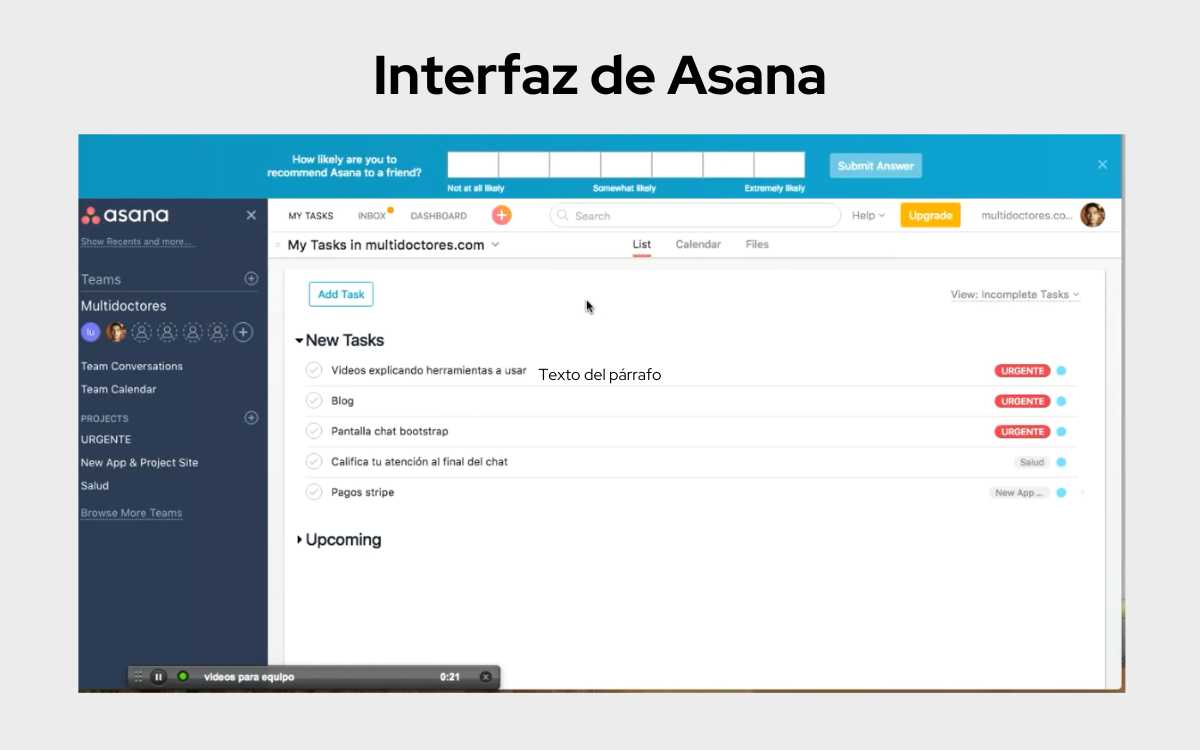 Vemos una captura de pantalla de la interfaz de Asana. 