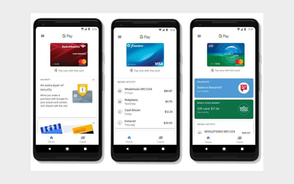 Vemos  las diferentes interfaces de Google Pay, de las mejores billeteras electrónicas de México.